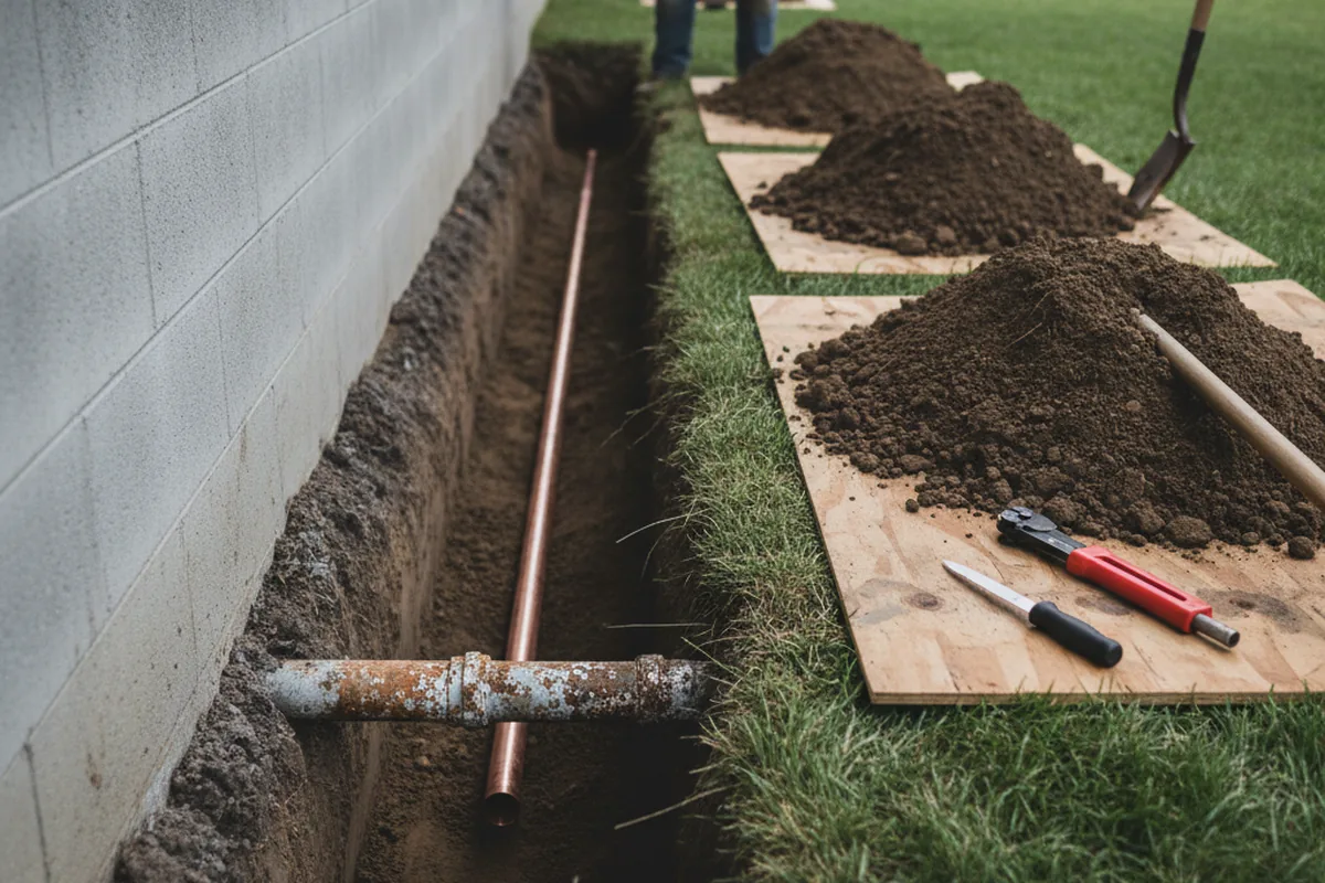 Excavated water line trench during Sewer Line Repair in Old Bethpage